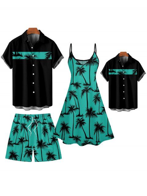 Palm Tree Print V Neck Women's Mini Dress Men's Button Up Shirt Men's Shorts and Kid Shirt Outfit