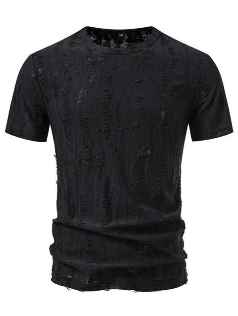 T-shirt décontracté à manches courtes et col rond pour homme, couleur unie, rayé et déchiré, idéal pour l'été