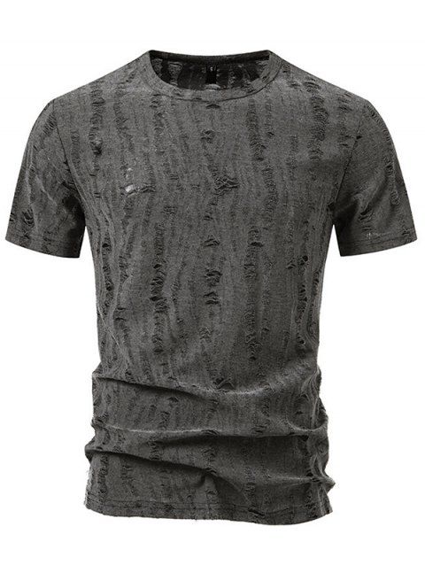 T-shirt décontracté à manches courtes et col rond pour homme, couleur unie, rayé et déchiré, idéal pour l'été