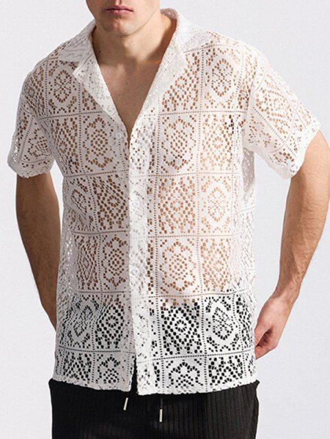 Chemise à manches courtes et col rabattu pour homme, couleur unie, motif floral, ajourée, décontractée, boutonnée