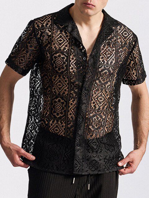 Chemise à manches courtes et col rabattu pour homme, couleur unie, motif floral, ajourée, décontractée, boutonnée