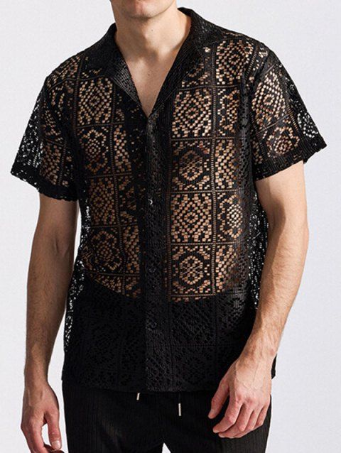 Men's Plain Color Floral Pattern Hollow Out Button Up Shirt Turn Down Collar Short Sleeve Casual Shirt