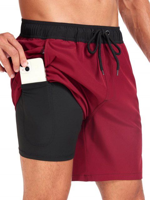 Men's Contrast Color Drawstrings Beach Shorts Inner Pocket Elastic Waist Board Shorts