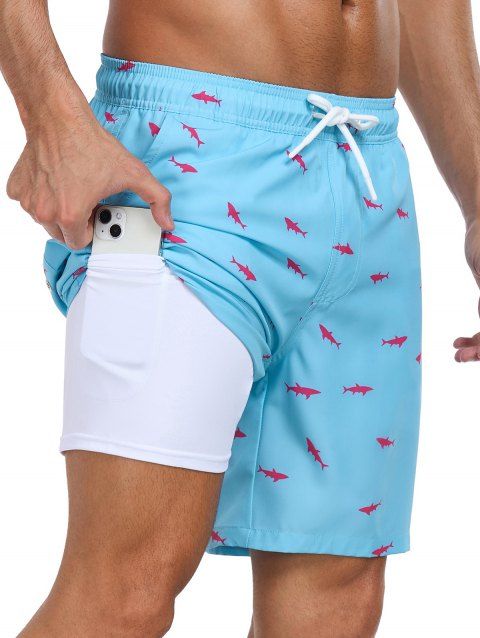 Short de plage à cordon de serrage pour homme, motif poisson, poche intérieure, taille élastique, short de bain
