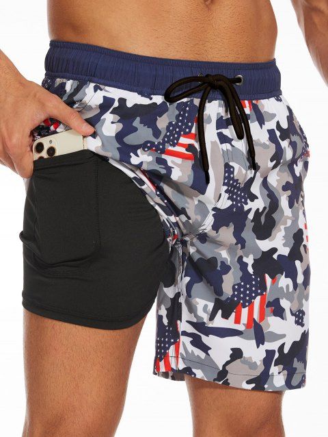 Short de plage pour homme avec cordon de serrage et imprimé carte américaine, poche intérieure, taille élastique