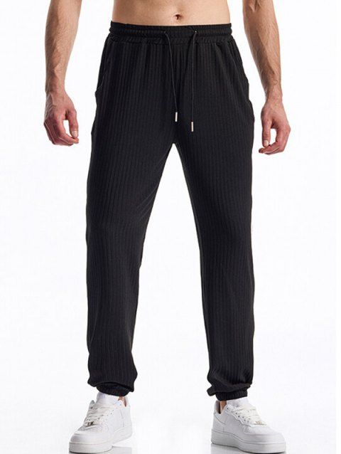 Pantalon texturé uni pour homme, poches à cordon de serrage, taille élastique, décontracté, long