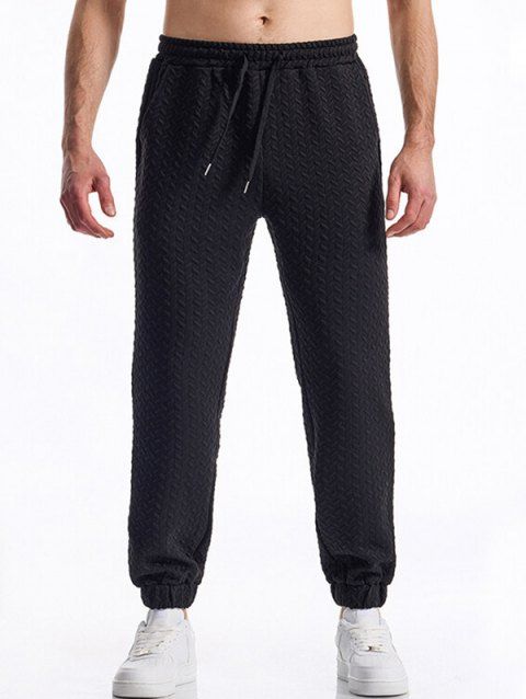 Pantalon décontracté à taille élastique et cordon de serrage pour homme, couleur unie, texturé, noué à la cheville