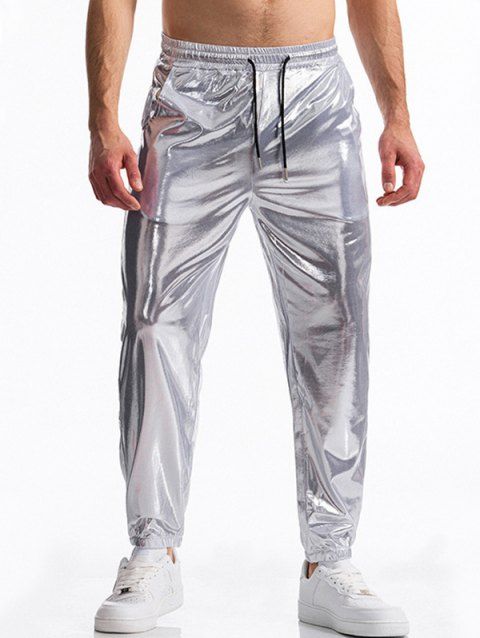 Pantalon de soirée brillant uni pour homme, noué à la cheville, avec cordon de serrage, taille élastique, pantalon long