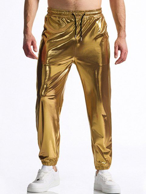 Pantalon de soirée brillant uni pour homme, noué à la cheville, avec cordon de serrage, taille élastique, pantalon long