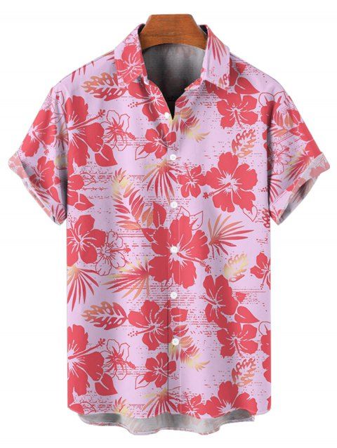 Chemise de vacances à imprimé feuilles d'hibiscus, chemise boutonnée à manches courtes