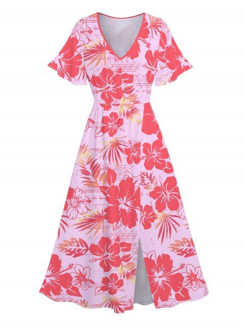 Robe mi-longue à imprimé hibiscus hawaïen, col en V, ourlet fendu, manches flottantes