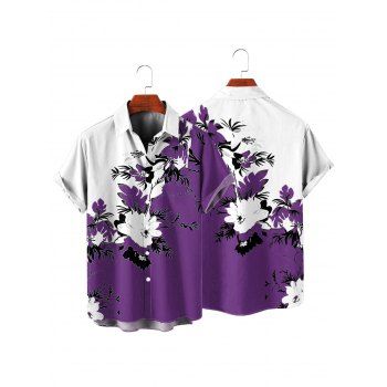 Men's Floral Leaf Pattern Contrast Color Vacation Shirt Roll Up Short Sleeve Button Up Casual Shirt