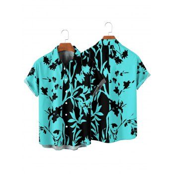 Men's Colorblock Leaf Pattern Vacation Shirt Roll Up Short Sleeve Button Up Casual Shirt
