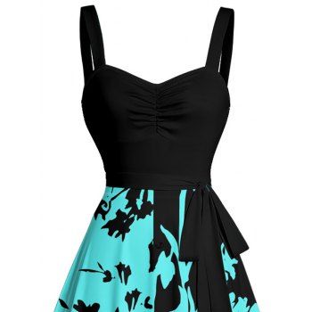Colorblock Leaf Pattern Vacation Dress Ruched Bust Sweetheart Neck Belt A Line Mini Casual Dress
