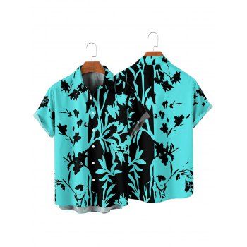 Vacation Couple Outfit Colorblock Leaf Pattern Ruched Bust Belt Dress and Roll Up Sleeve Shirt Casual Matching Outfit