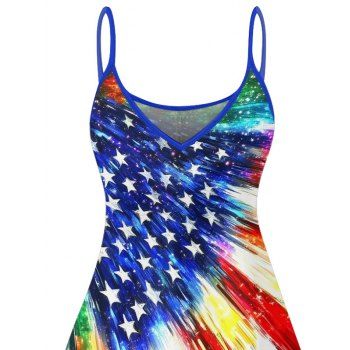 Star Striped Pattern American Flag Elements Independence Day Dress Spaghetti Strap V Neck A Line Mini Patriotic Tank Dress