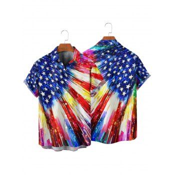 Independence Day Couple Outfit American Flag Elements Pattern Spaghetti Strap Dress and Roll Up Sleeve Shirt Patriotic Matching Outfit