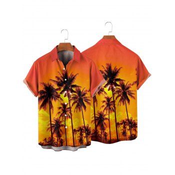 Men's Sunset Palm Tree Pattern Vacation Shirt Roll Up Short Sleeve Button Up Beach Shirt