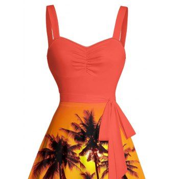 Sunset Palm Tree Pattern Vacation Dress Ruched Bust Sweetheart Neck Belt A Line Mini Beach Dress