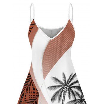 Colorblock Coconut Tree Leaf Print Vacation Dress V Neck Spaghetti Strap A Line Dress
