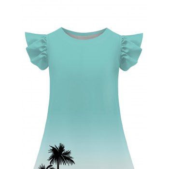 Girls Dress Ombre Coconut Tree Pattern Short Flutter Sleeve Dress Round Neck A Line Mini Vacation Kid Dress