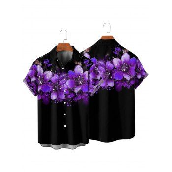 Vacation Couple Outfit Dots Floral Pattern Spaghetti Strap A Line Tank Dress and Roll Up Sleeve Shirt Matching Outfit