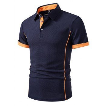 Men's Contrast Color Turn Down Collar Pullover T Shirt Short Sleeve Casual Tee