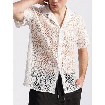 Men's Plain Color Floral Pattern Hollow Out Short Sleeve Shirt Turn Down Collar Button Up Casual Shirt