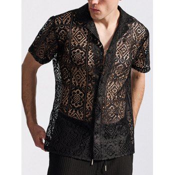 Men's Plain Color Floral Pattern Hollow Out Short Sleeve Shirt Turn Down Collar Button Up Casual Shirt