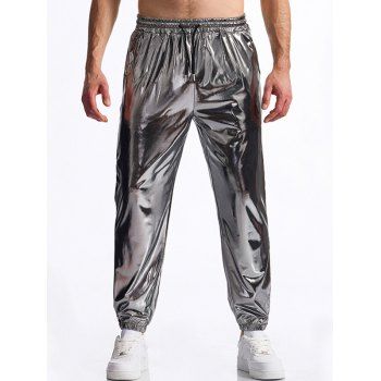 Men's Solid Color Shiny Ankle-tied Party Pants Drawstrings Elastic Waist Long Pants