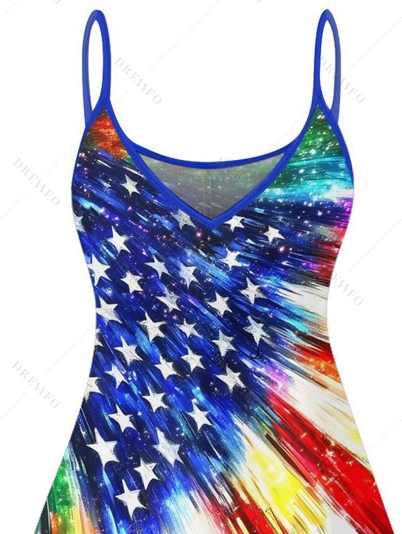 Robe à rayures étoilées et éléments du drapeau américain pour le jour de l'indépendance, robe à bretelles spaghetti, col en V, coupe trapèze, mini-robe débardeur patriotique - multicolor A XL | US 12
