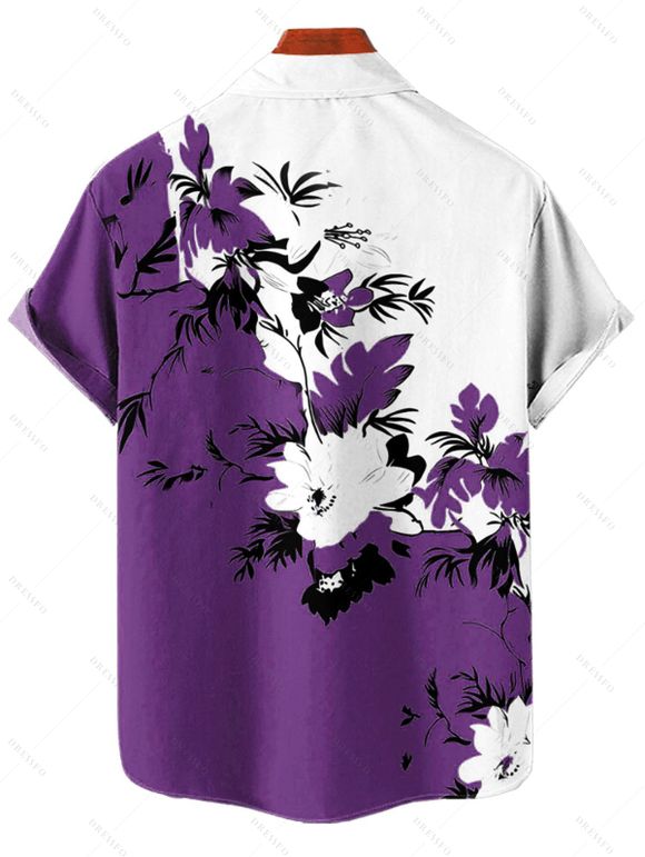 Chemise de vacances à motif floral et feuilles pour homme, couleur contrastée, à manches courtes retroussables et boutonnée, décontractée - Concorde S