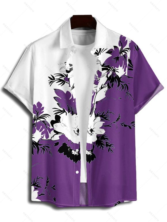 Chemise de vacances à motif floral et feuilles pour homme, couleur contrastée, à manches courtes retroussables et boutonnée, décontractée - Concorde S