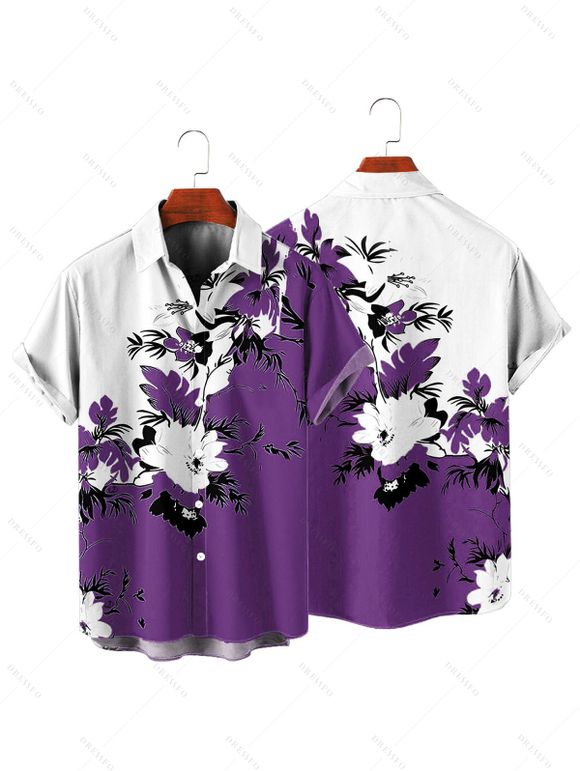 Chemise de vacances à motif floral et feuilles pour homme, couleur contrastée, à manches courtes retroussables et boutonnée, décontractée - Concorde S