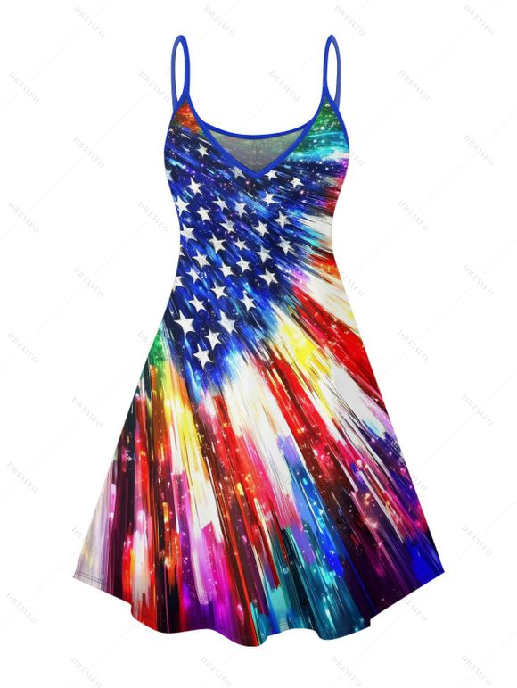 Independence Day Couple Outfit American Flag Elements Pattern Spaghetti Strap Dress and Roll Up Sleeve Shirt Patriotic Matching Outfit - multicolor A S | US 4