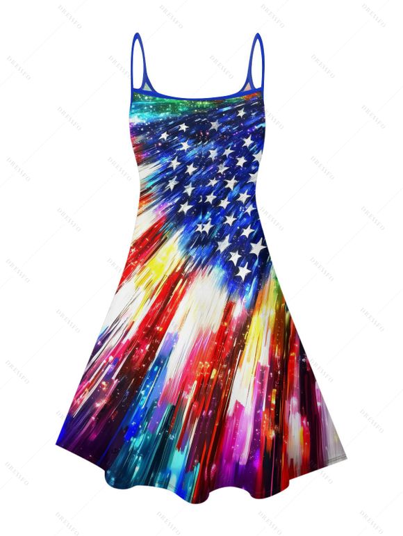 Independence Day Couple Outfit American Flag Elements Pattern Spaghetti Strap Dress and Roll Up Sleeve Shirt Patriotic Matching Outfit - multicolor A S | US 4