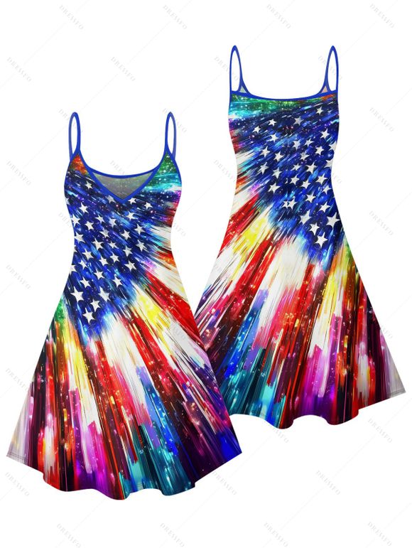 Independence Day Couple Outfit American Flag Elements Pattern Spaghetti Strap Dress and Roll Up Sleeve Shirt Patriotic Matching Outfit - multicolor A S | US 4