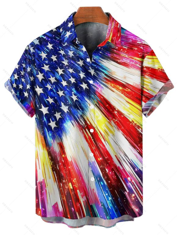Independence Day Couple Outfit American Flag Elements Pattern Spaghetti Strap Dress and Roll Up Sleeve Shirt Patriotic Matching Outfit - multicolor A S | US 4