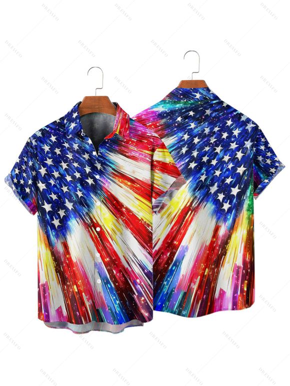 Independence Day Couple Outfit American Flag Elements Pattern Spaghetti Strap Dress and Roll Up Sleeve Shirt Patriotic Matching Outfit - multicolor A S | US 4