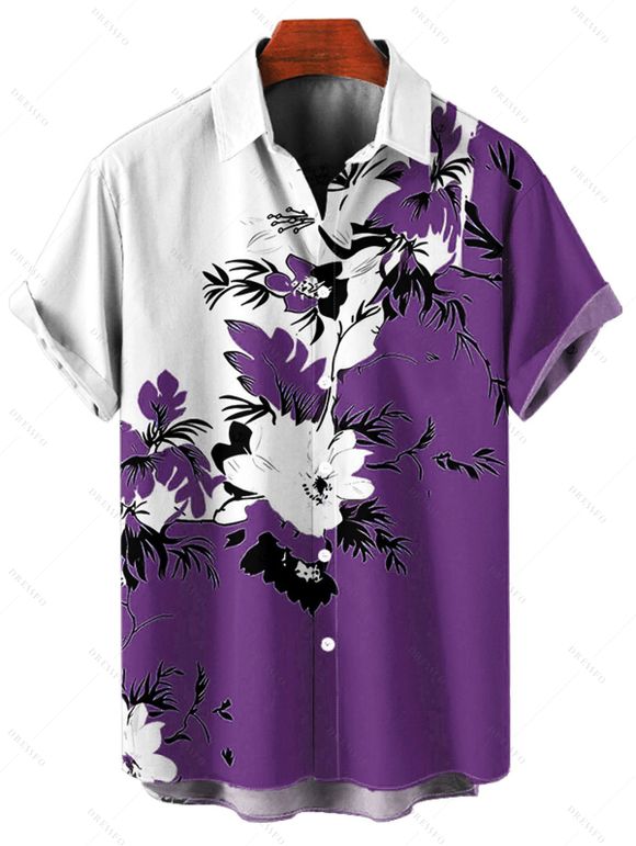 Vacation Couple Outfit Floral Leaf Pattern Contrast Color Surplice A Line Belt Dress and Roll Up Sleeve Shirt Casual Matching Outfit - Concorde S | US 4