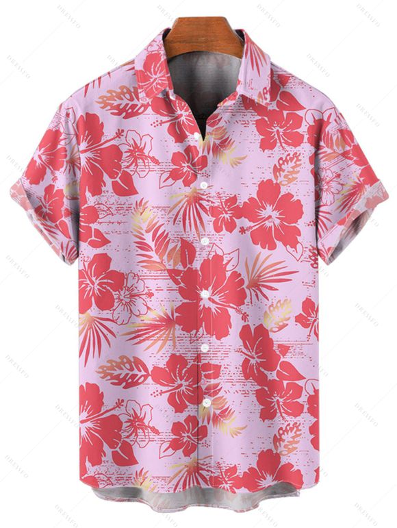 Chemise de vacances à imprimé feuilles d'hibiscus, chemise boutonnée à manches courtes - Rose clair 5XL