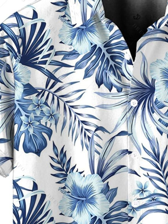 Boy's Allover Hibiscus Floral Leaf Pattern Vacation Shirt Button Up Roll Up Short Sleeve Kid Shirt - Bleu profond 160