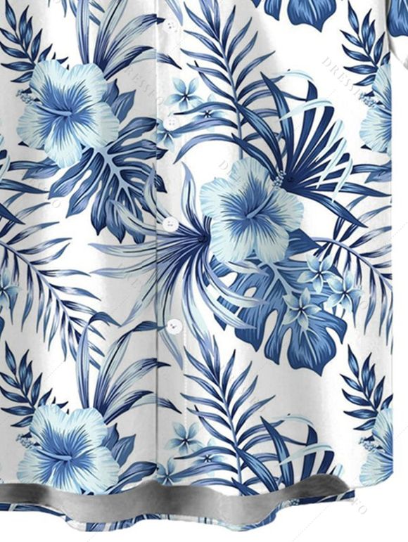 Boy's Allover Hibiscus Floral Leaf Pattern Vacation Shirt Button Up Roll Up Short Sleeve Kid Shirt - Bleu profond 160