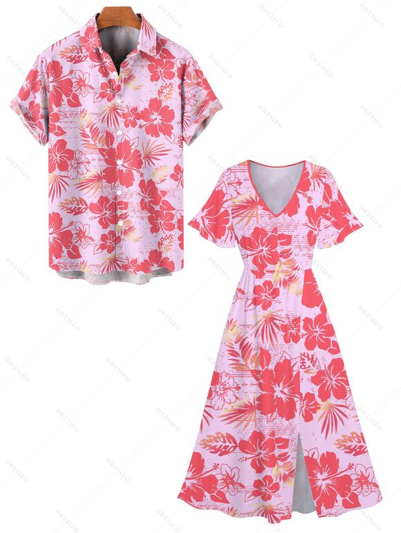 Tropical Print V Neck Split Hem Flutter Sleeve Vacation Dress And Short Sleeve Shirt Matching Outfit - Rose clair S | US 4
