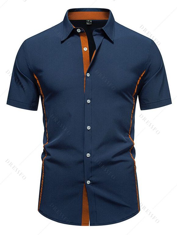 Chemise boutonnée de couleur contrastée pour homme, col rabattu, manches courtes, décontractée - Bleu profond XXL | US 12