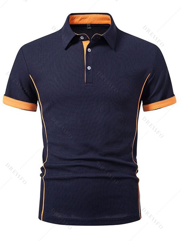 T-shirt à manches courtes et col rabattu pour homme, couleur contrastée, décontracté - Bleu profond XXL | US 12