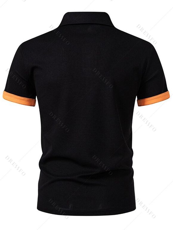 T-shirt à manches courtes et col rabattu pour homme, couleur contrastée, décontracté - Noir XXL