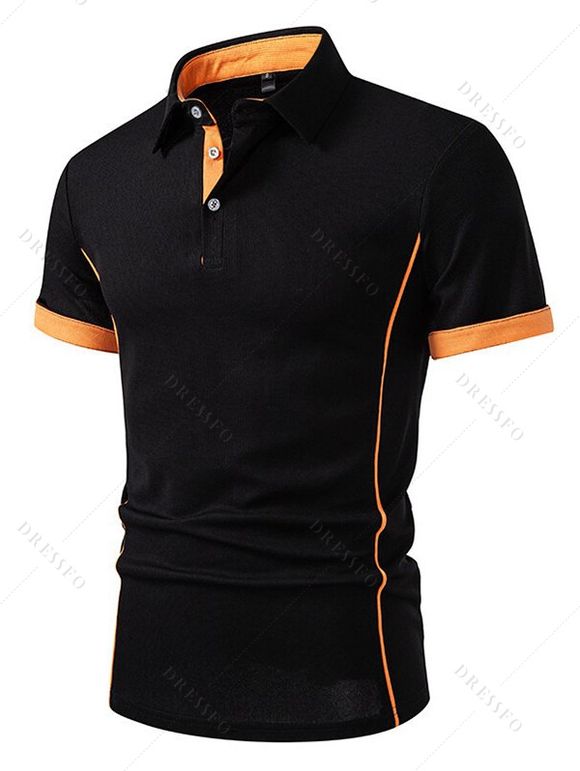 T-shirt à manches courtes et col rabattu pour homme, couleur contrastée, décontracté - Noir XXL