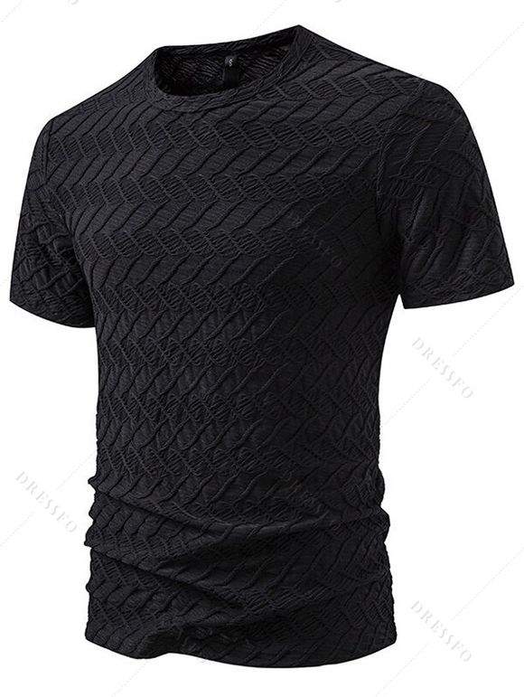 T-shirt décontracté à manches courtes et col rond pour homme, couleur unie, imprimé texturé, été - Noir L
