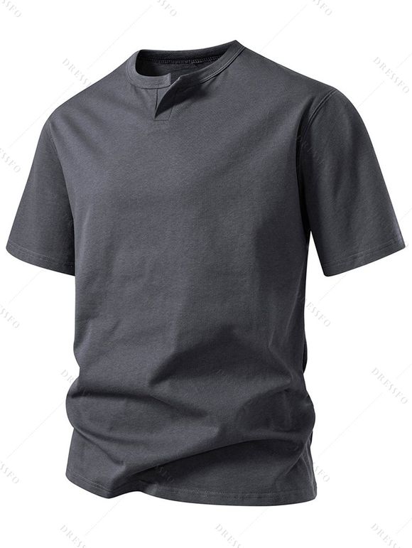 T-shirt décontracté à col rond et manches courtes pour homme, couleur unie, avec encoche en V, pour l'été - Gris Foncé S